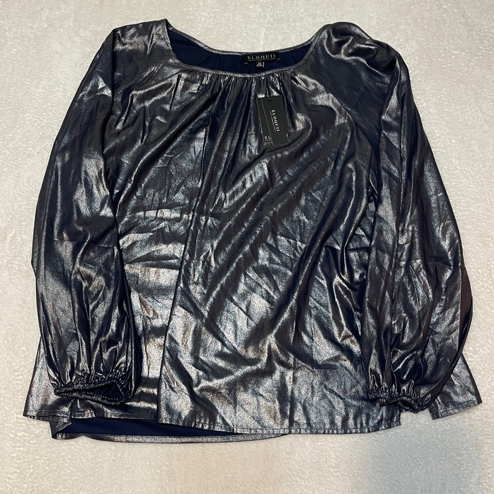 Eloquii Liquid Metallic Black Silver Long Sleeve Event Occasion Top‎ Blouse 20